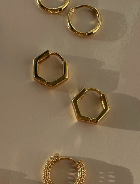 Gold hexagon hoop earrings. Gold earring stack. frankly my dear gold hoops