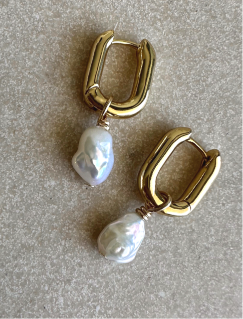 Gold drop pearl hoops with large keshi pearl