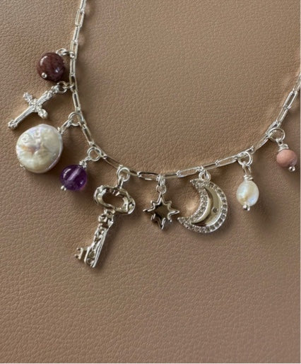 dainty charm necklace silver made with silver charms, natural gemstone charms, pearl charms, key charm, star charm, moon charm, crystal charm, cross charm