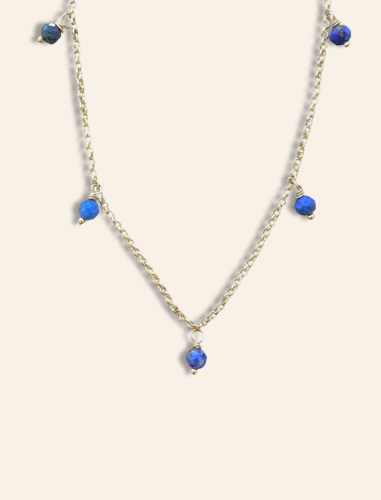 dainty gold necklace with hand wrapped lapis lazuli pendants