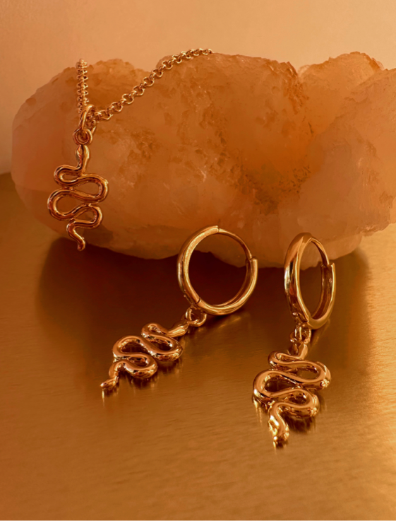 Gold plated snake earrings with snake pendant