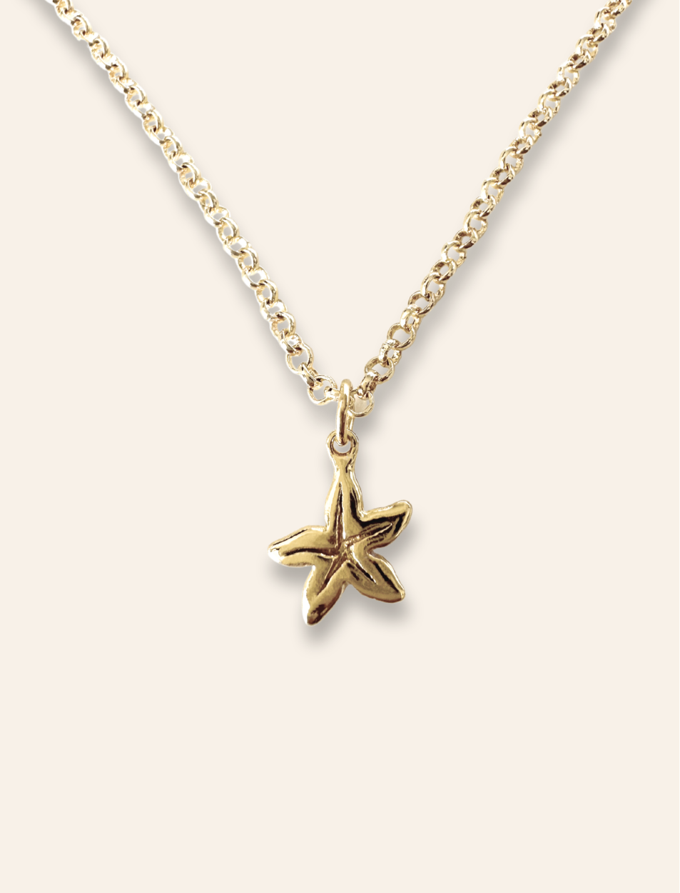 gold starfish necklace pendant on dainty belcher chain