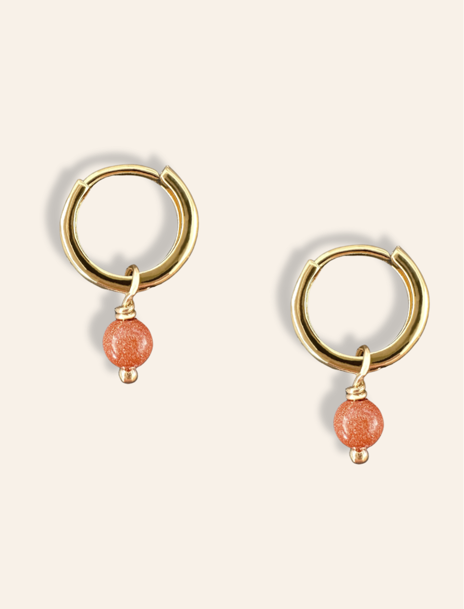 gold hoop earrings with goldstone crystal. Natural gemstone earrings gold