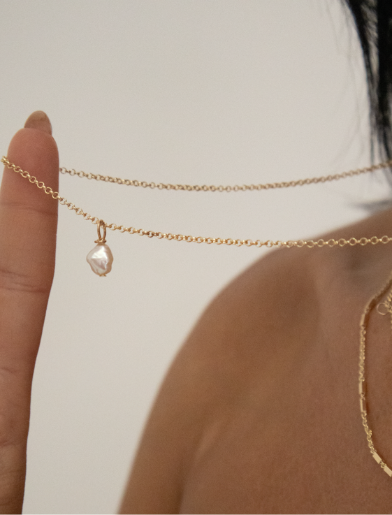 minimalist jewelry with dainty pearl necklace with gold chain. Bycharlotte pearl necklace