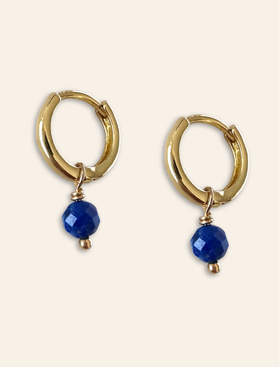 gold hoop earrings with lapis lazuli crystal. Natural gemstone earrings gold