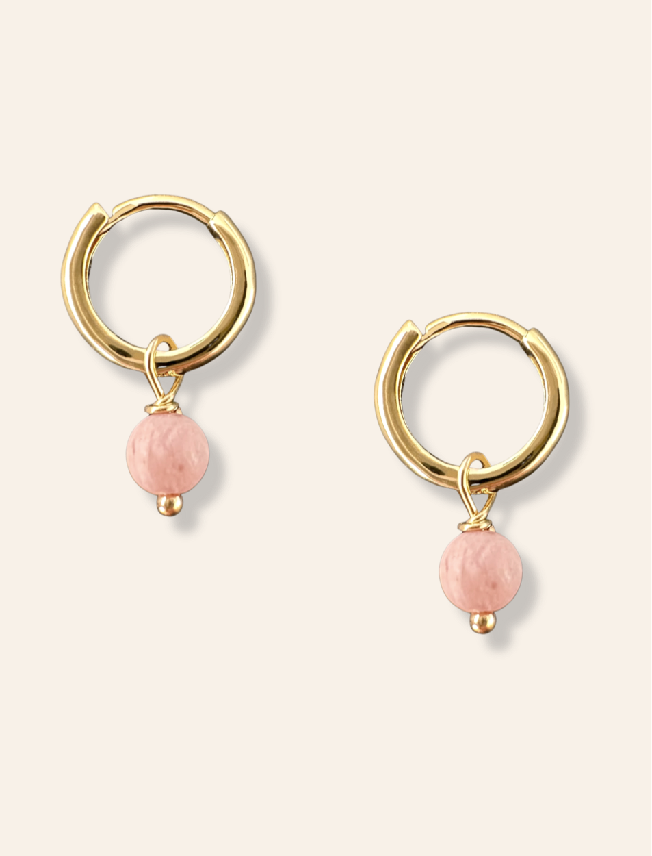 gold hoop earrings with rhodonite crystal. Natural gemstone earrings gold